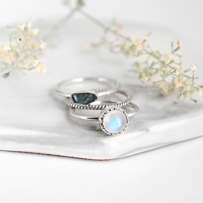 Moonstone & Raw Aquamarine Stackable Ring Set with Twisted Band, Sterling Silver