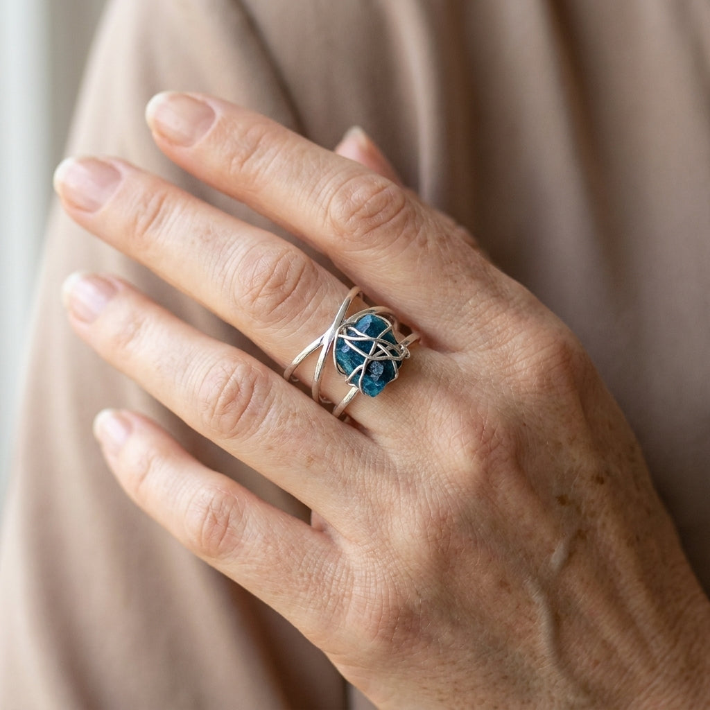 natural raw apatite wire wrapped ring sterling silver asr8862 — lifestyle