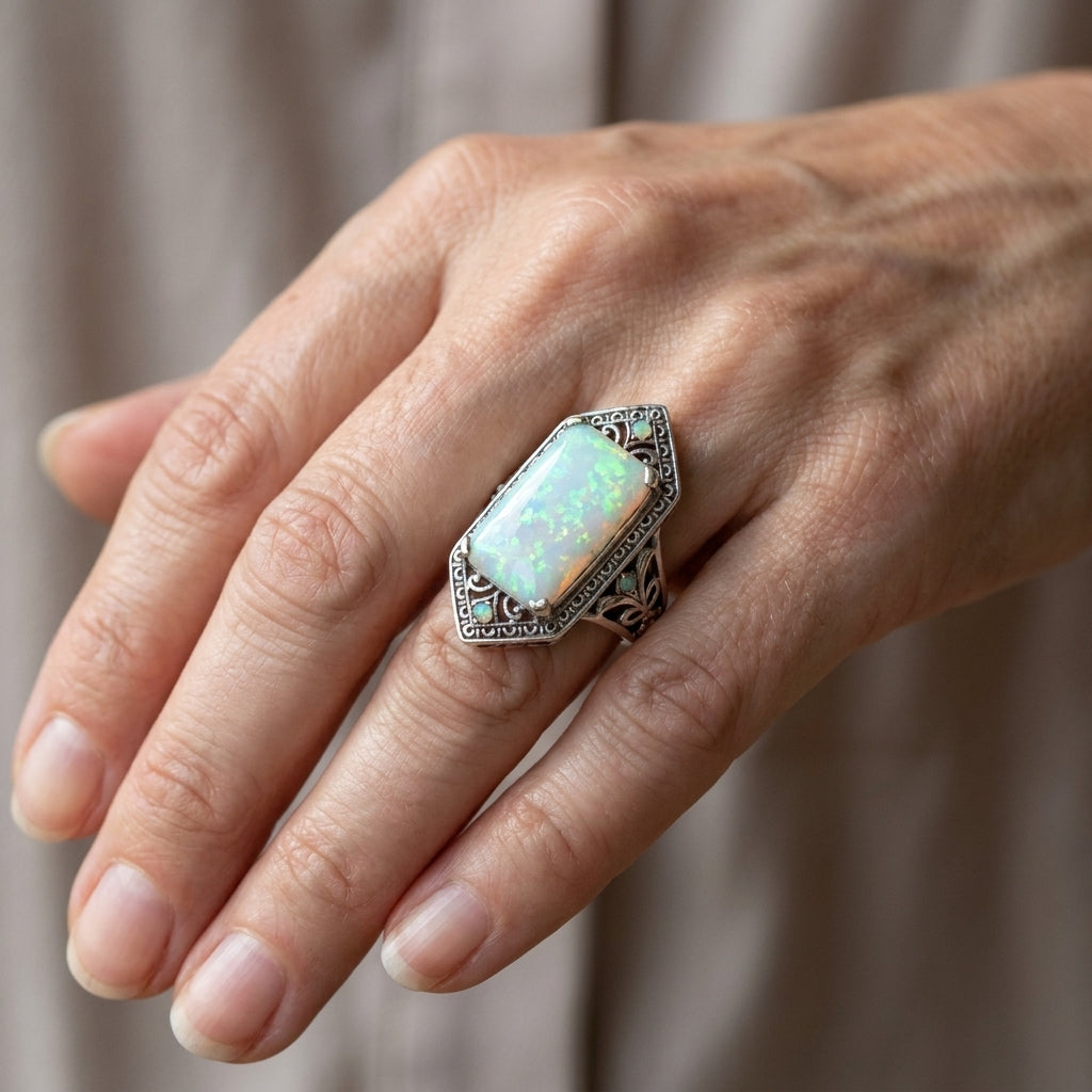 new product square white opal antique silver ring — lifestyle