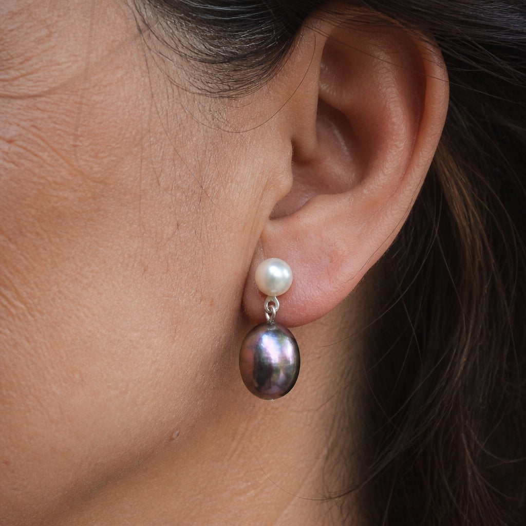 Freshwater Pearl Drop Earrings with White and Dark Baroque Pearl — main image