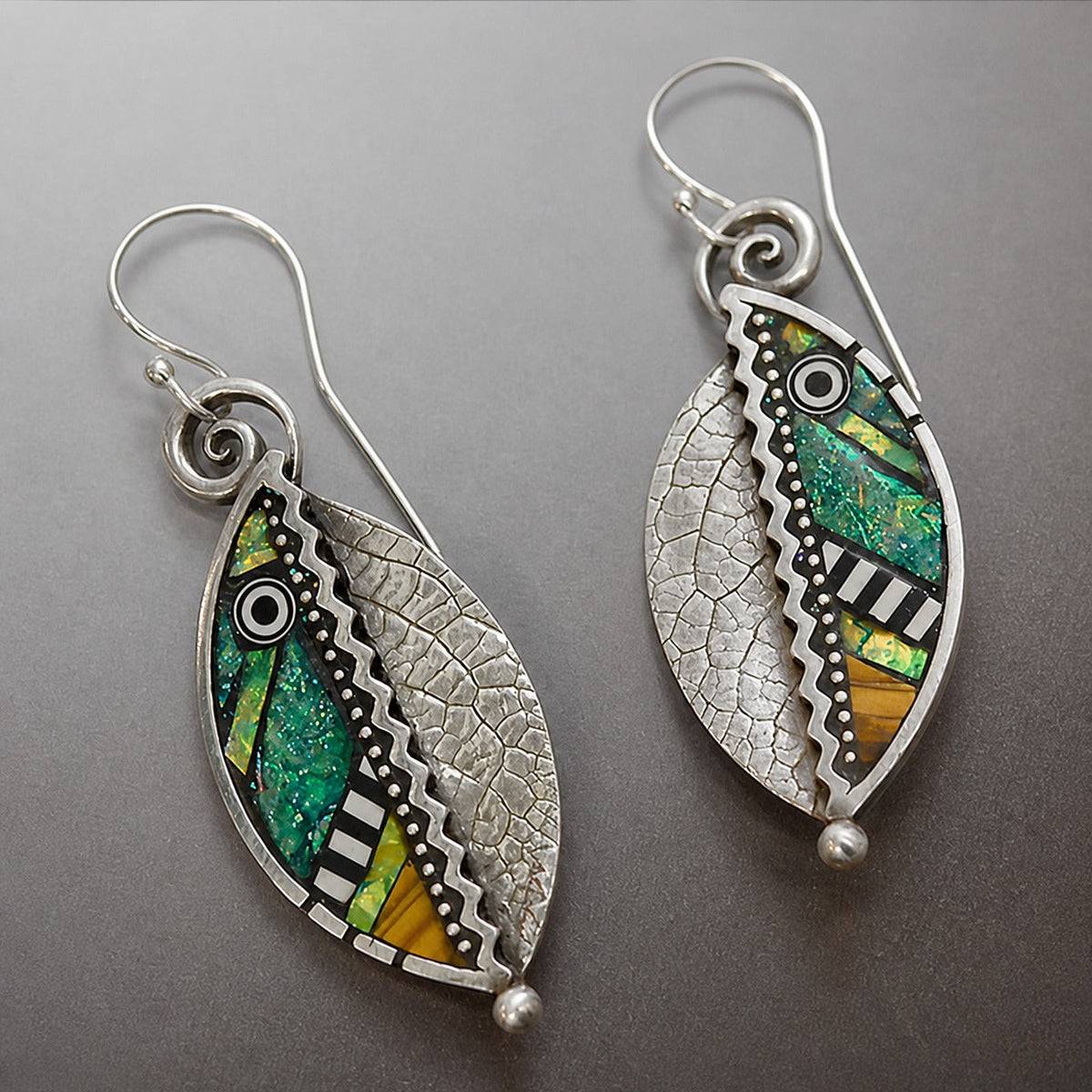 Leaf-Shaped Drop Earrings with Colorful Inlay and Bead Accent — main image