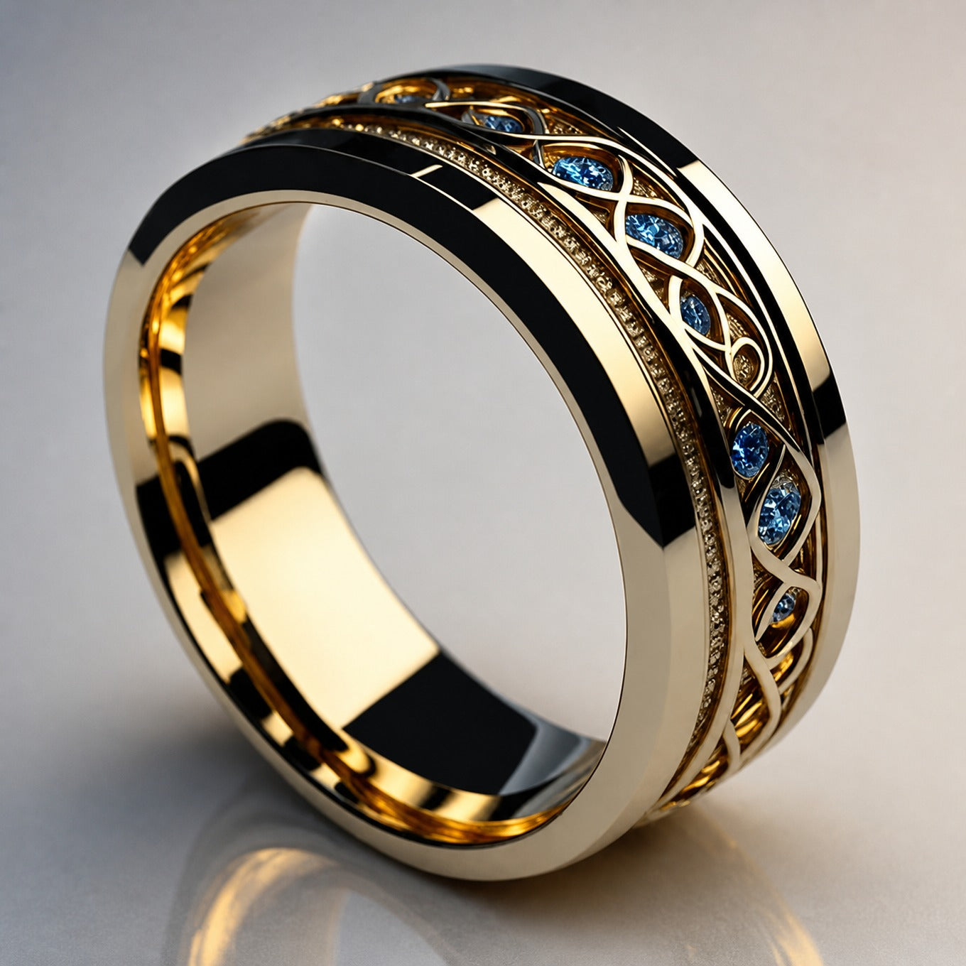 Celtic-Inspired Infinity Ring with Blue Stone Accents and Black Enamel Detail