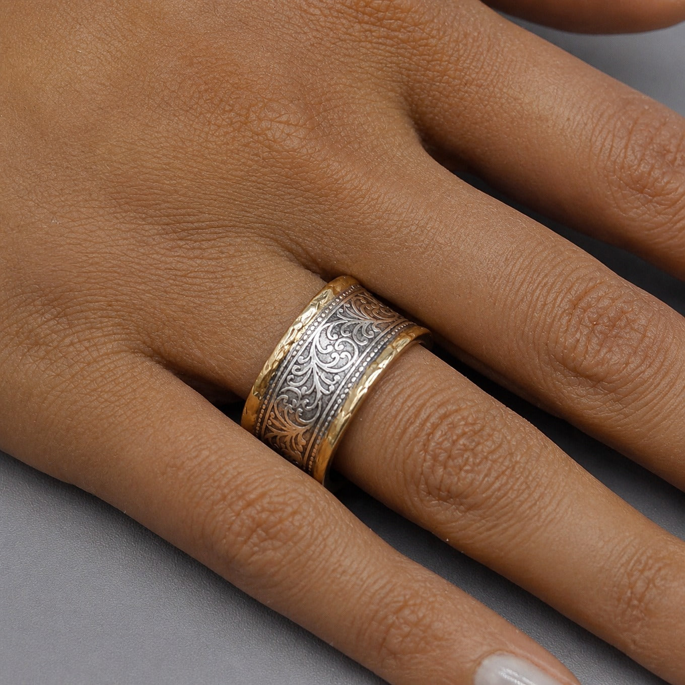 Two-Tone Filigree Scroll Band Ring with Beaded Edge Detail