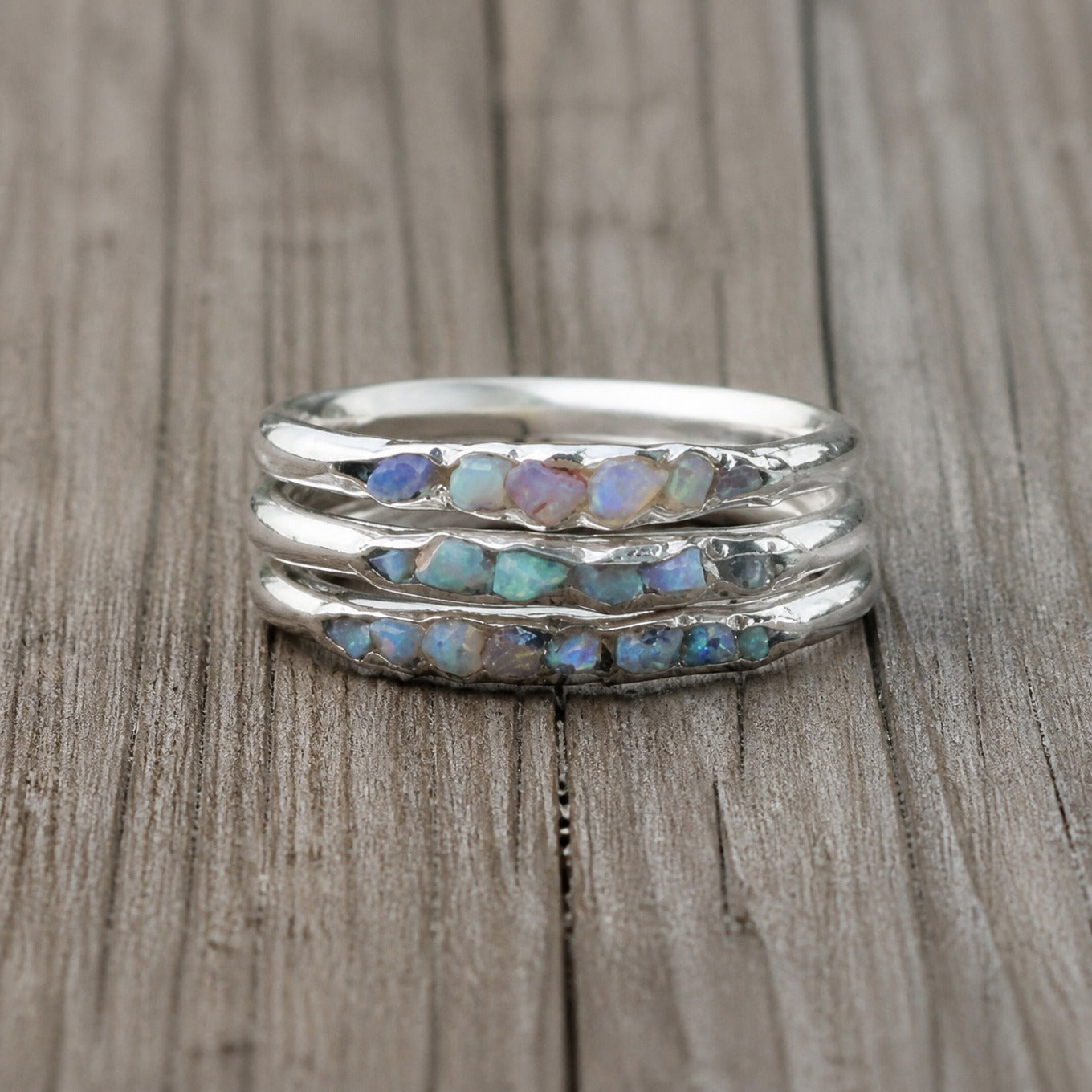 Three-Tier Iridescent Opal Ring with Silver Band
