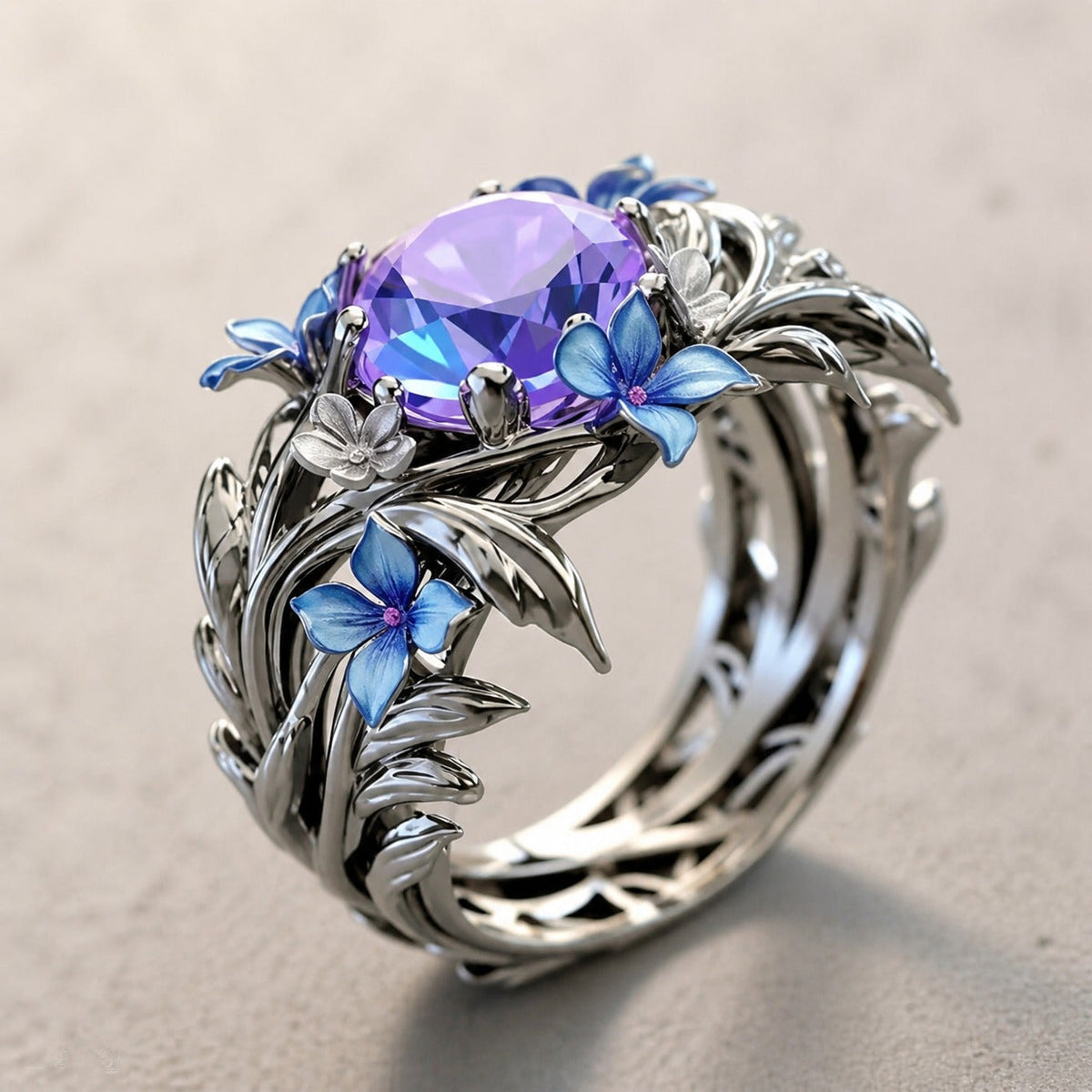 Oval Lavender Stone Statement Ring with Floral Silver-Tone Band — main image