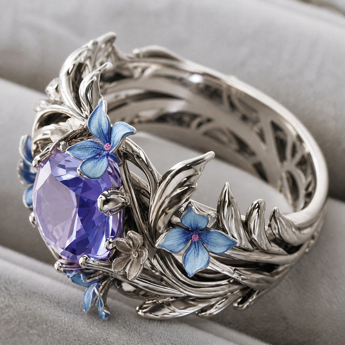 Oval Lavender Stone Statement Ring with Floral Silver-Tone Band — view 2