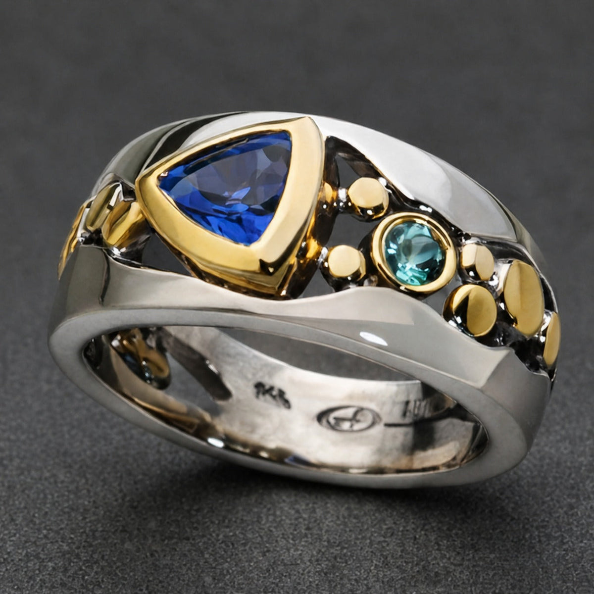 Trilliant Sapphire Cocktail Ring with Topaz Accent and Two-Tone Band