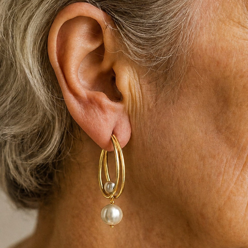 Double Hoop Pearl Drop Earrings in Gold Tone