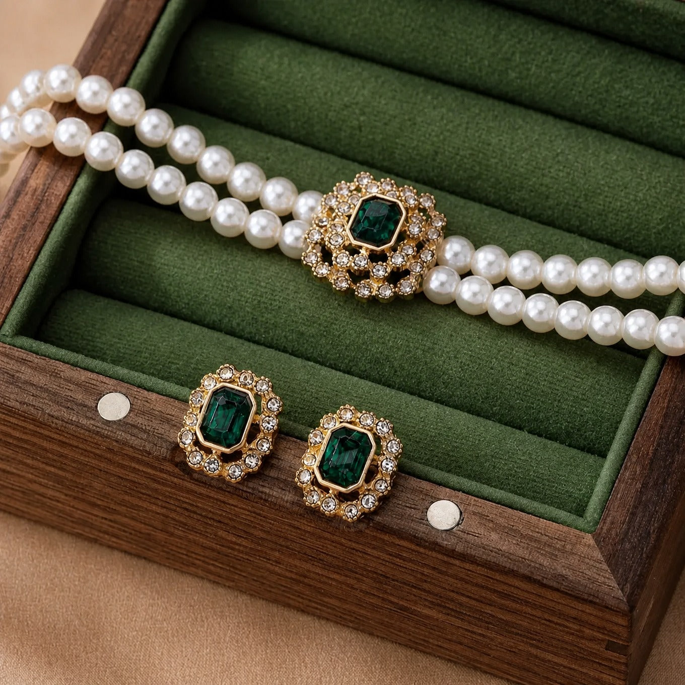 Emerald and Pearl Necklace and Earring Set with Rhinestone Halo