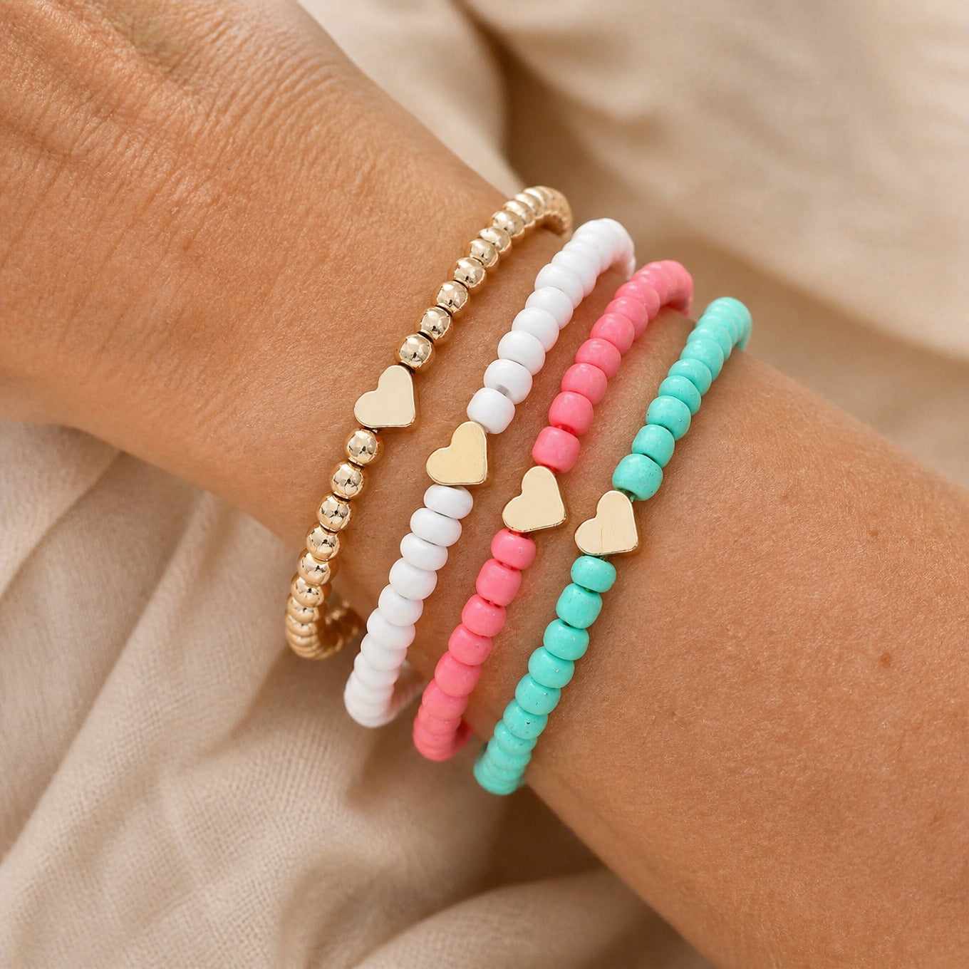 Heart Charm Beaded Bracelet Set, 4-Piece Bohemian Stretch Bracelets in Gold, White, Pink & Turquoise