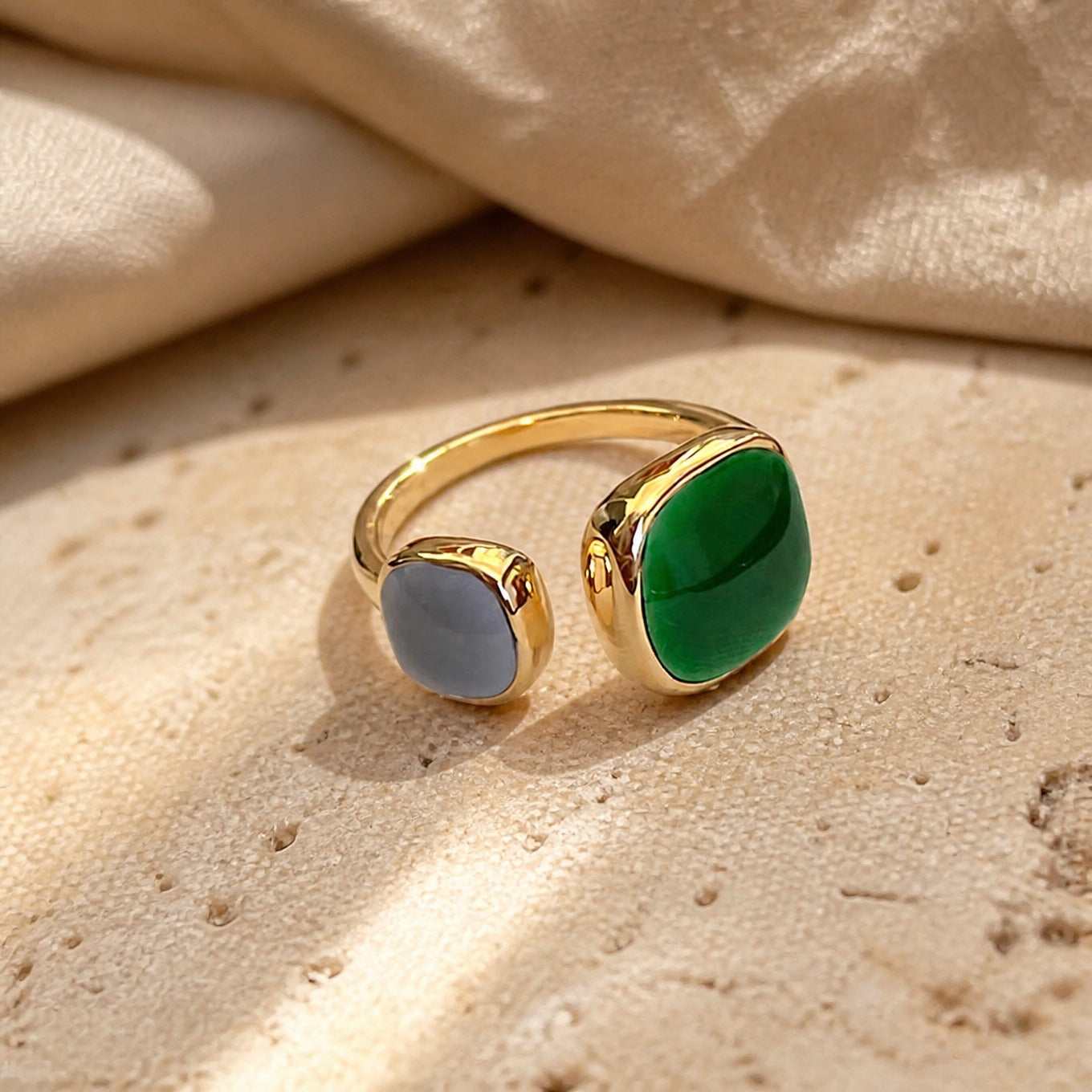 Green and Blue-Grey Stone Open Ring with Bypass Band