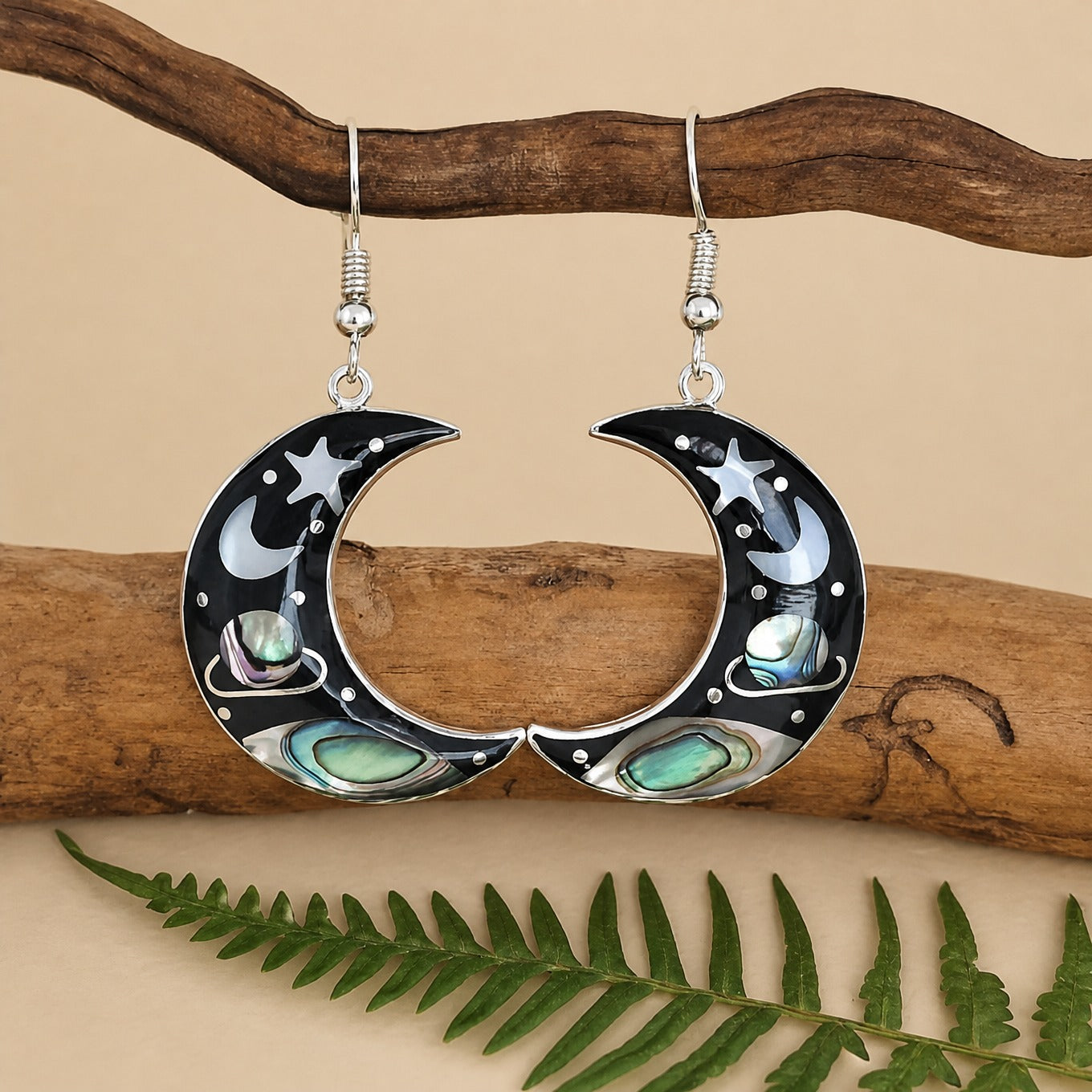 Crescent Moon Earrings with Abalone Inlay and Celestial Star Detail