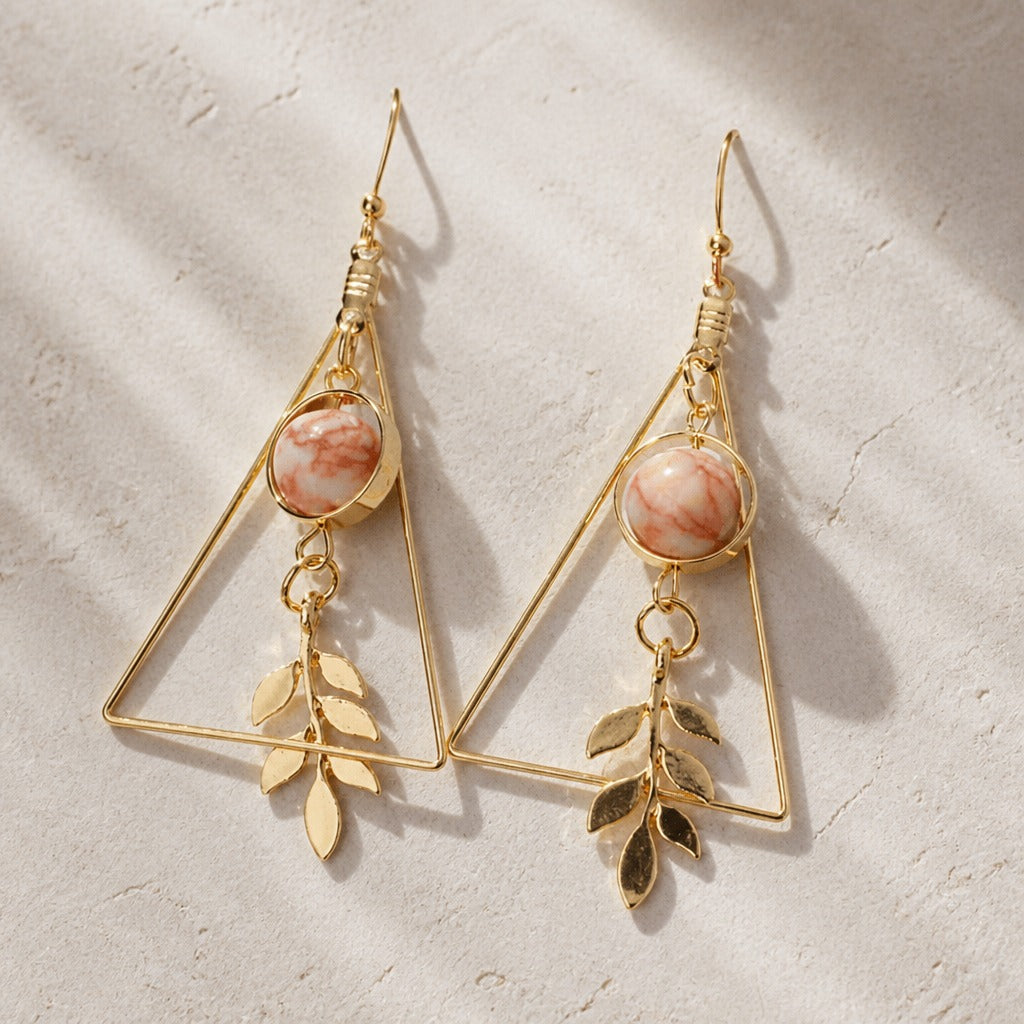 Coral Cabochon Leaf Charm Drop Earrings — main image