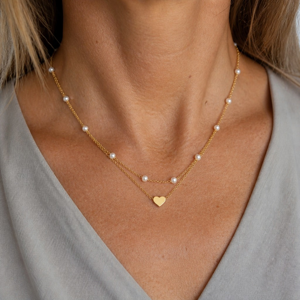 Heart Pendant Gold-Tone Layered Necklace with Pearl Accents — main image