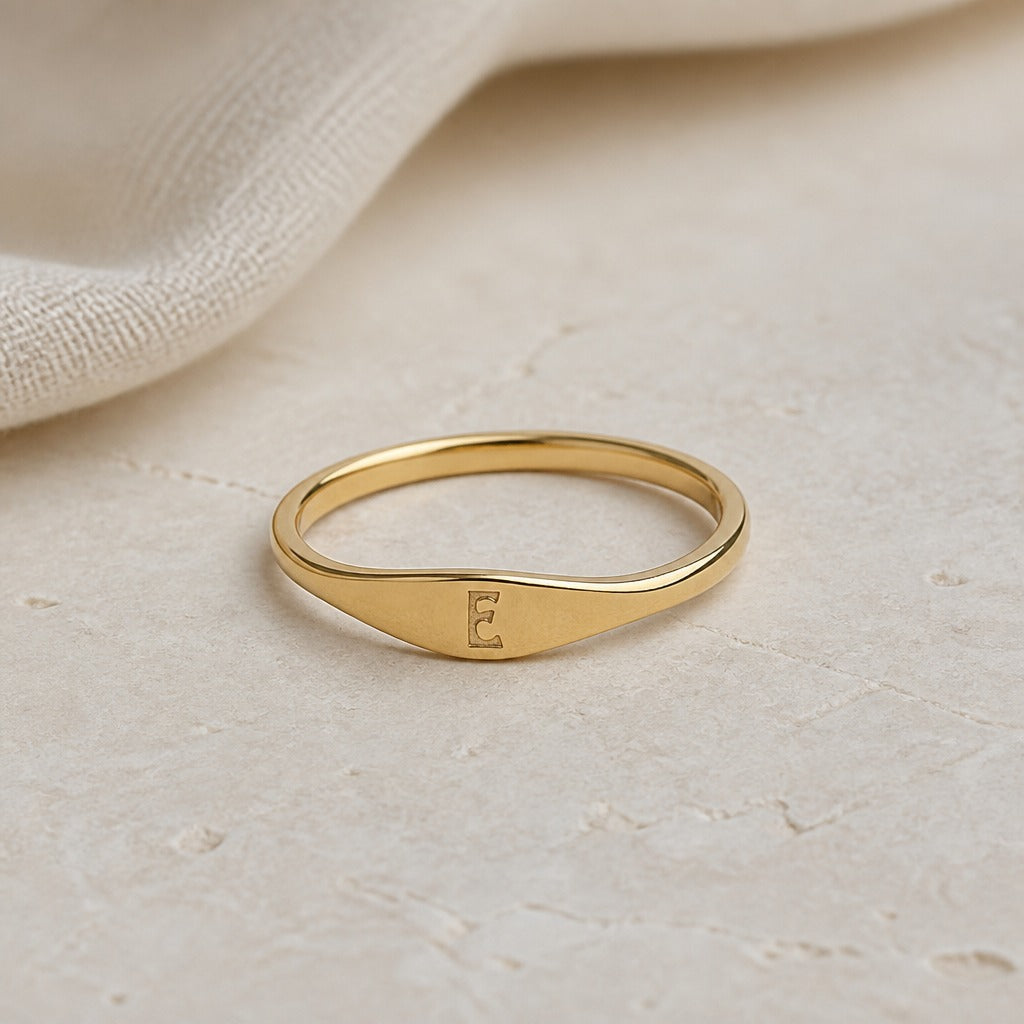 Personalized Initial Letter Signet Ring, Oval Band in Gold Tone — view 5