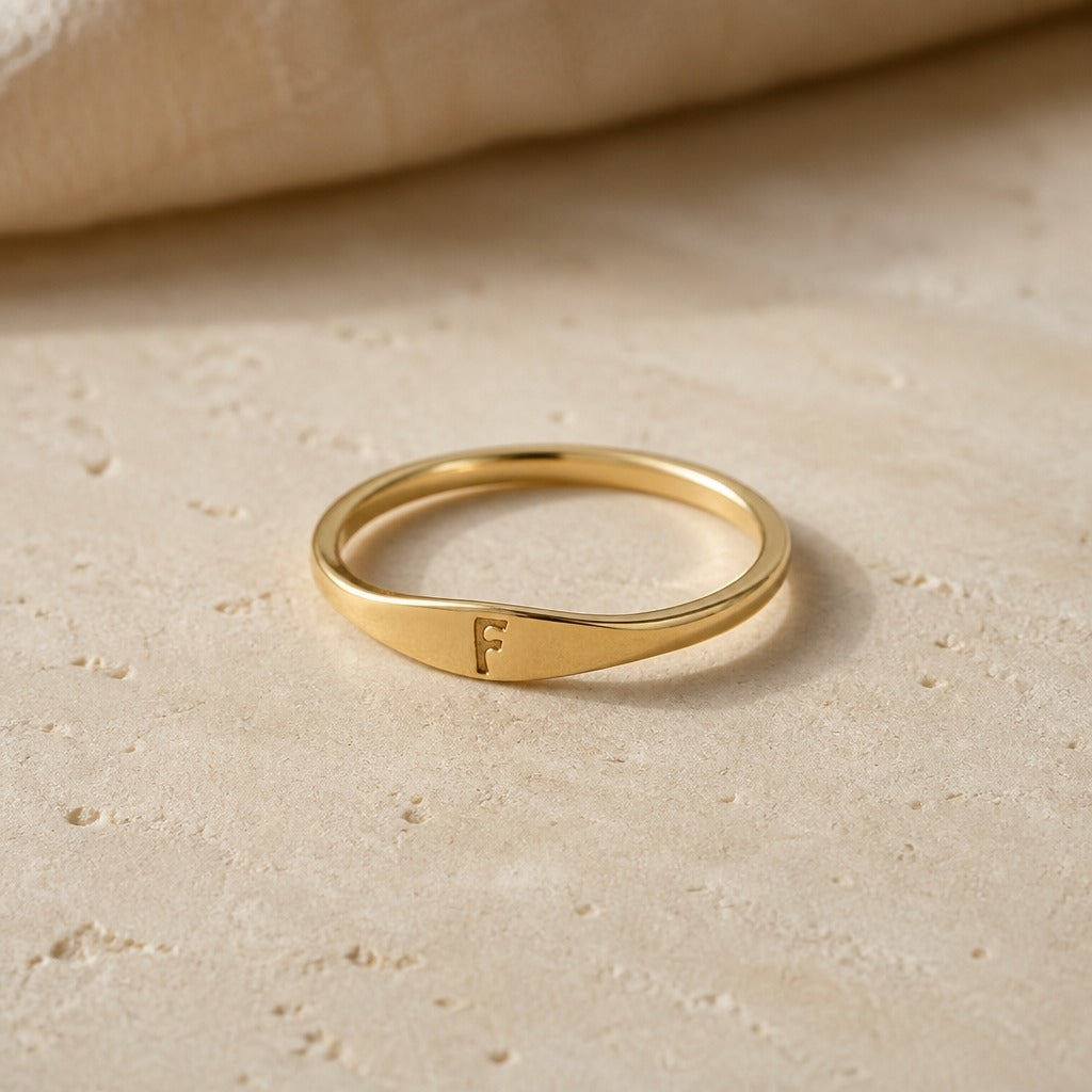 Personalized Initial Letter Signet Ring, Oval Band in Gold Tone — view 6