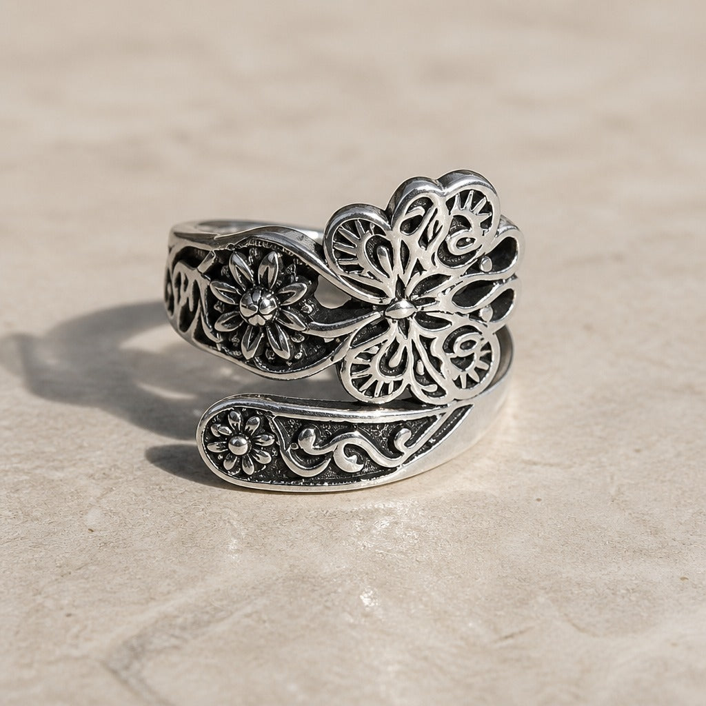 Butterfly Floral Filigree Ring with Adjustable Silver-Tone Band — view 2