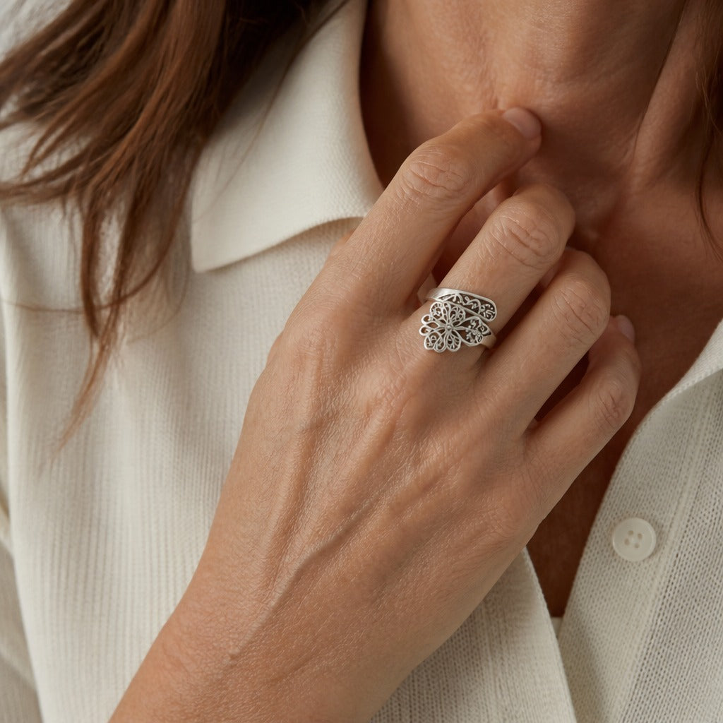 Butterfly Floral Filigree Ring with Adjustable Silver-Tone Band — main image