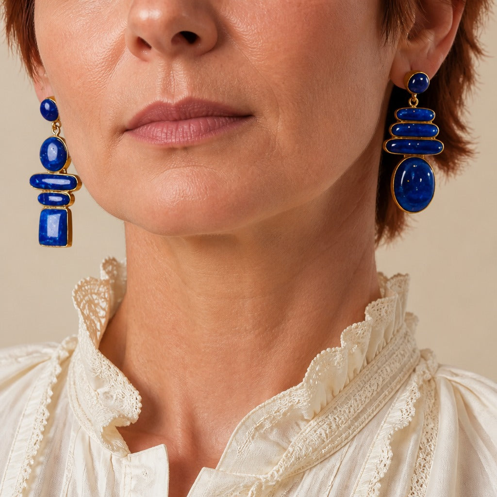 Geometric Stacked Blue Zirconia Drop Earrings in Gold Tone — main image