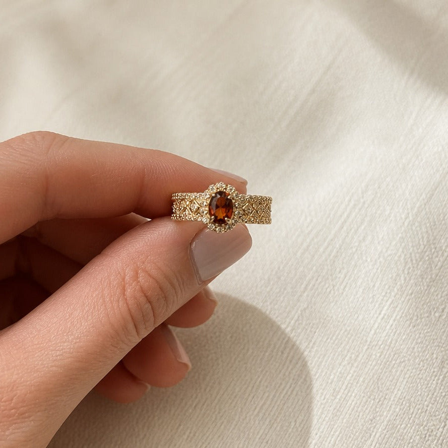 Oval Ruby-Toned Halo Cocktail Ring with Gold-Tone Filigree Band — view 2