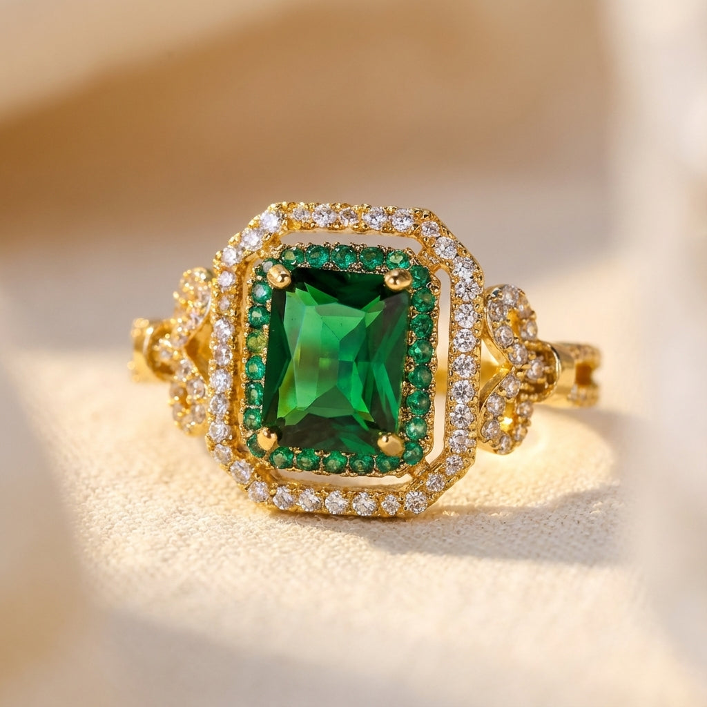 Emerald-Cut Green Stone Ring with Double Halo in Gold Tone