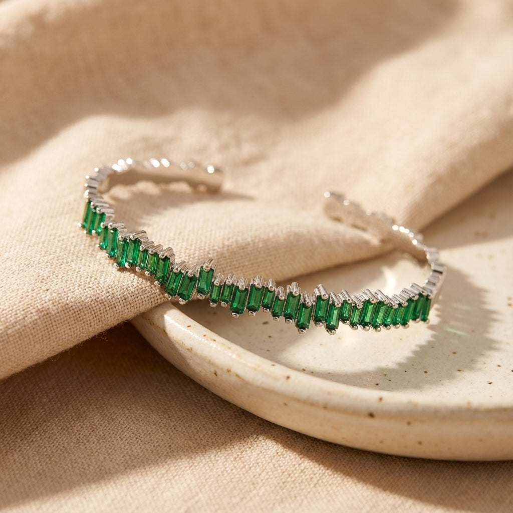 Emerald Baguette Open Cuff Bracelet in Silver Tone
