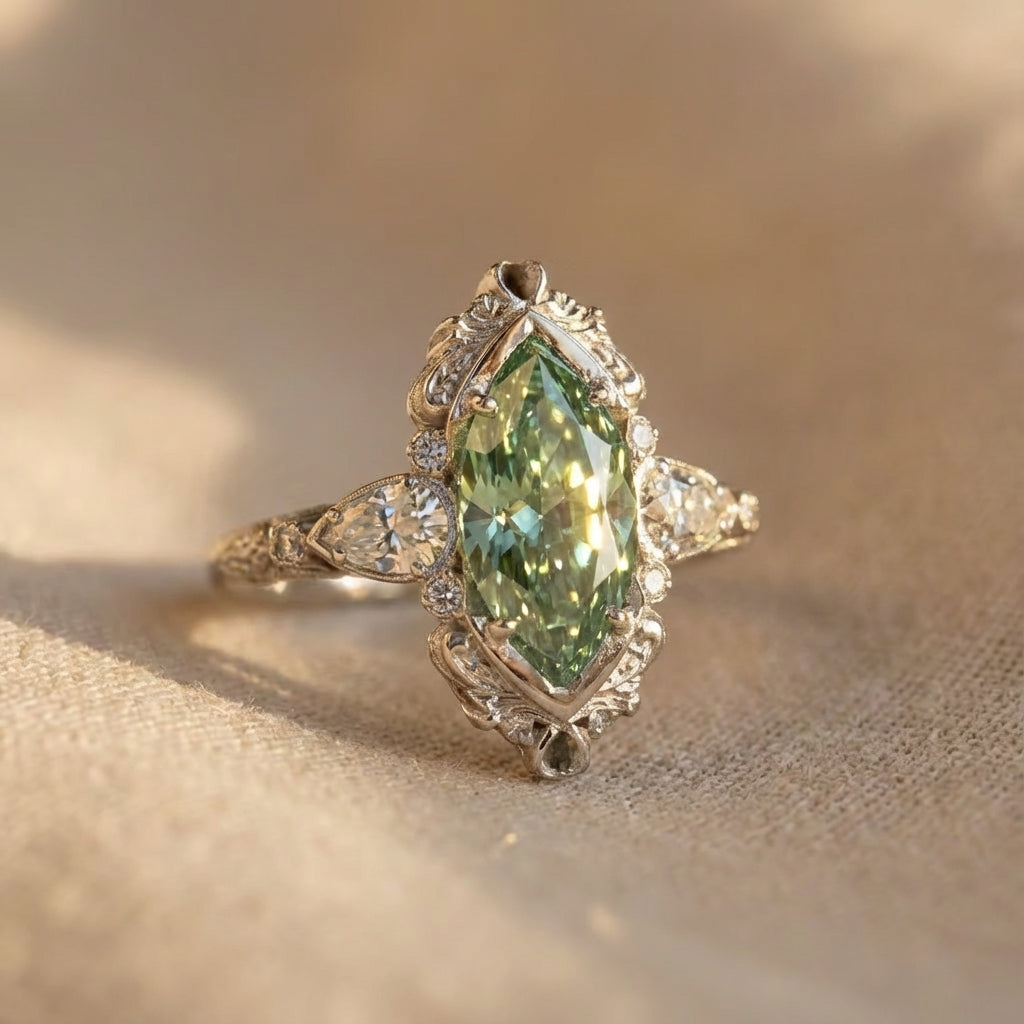 Marquise Green Stone Cocktail Ring with Vintage Filigree Halo Setting