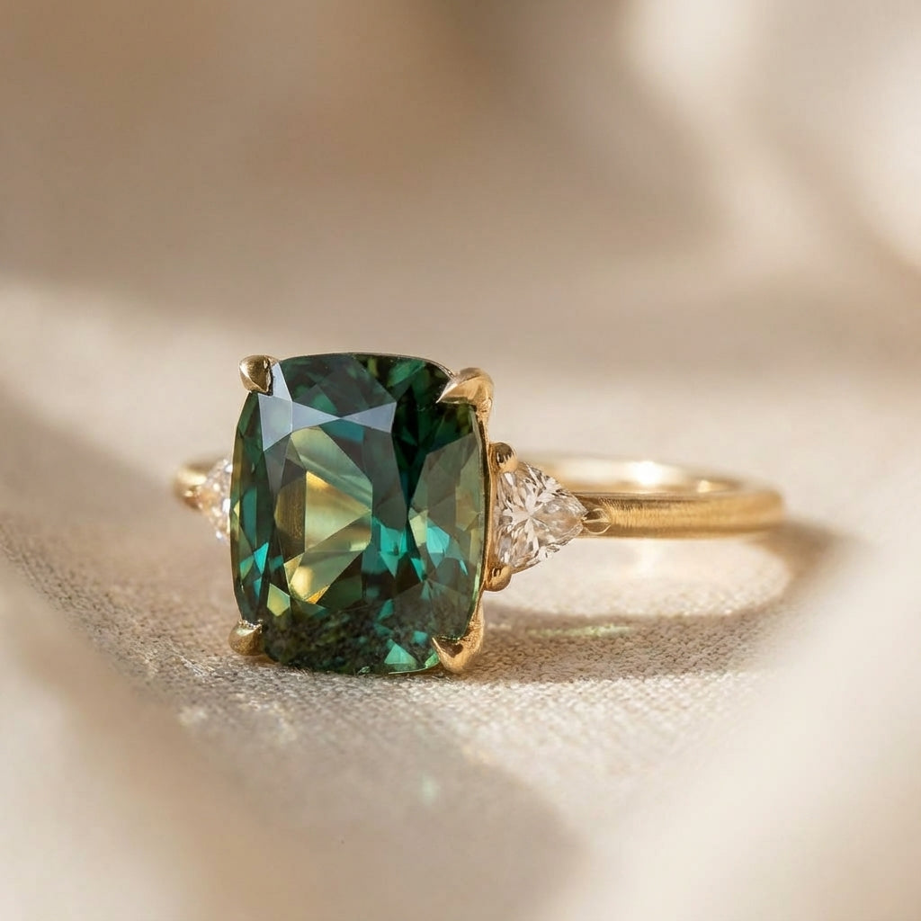 Cushion-Cut Green Gemstone Three-Stone Ring with Gold Tone Band