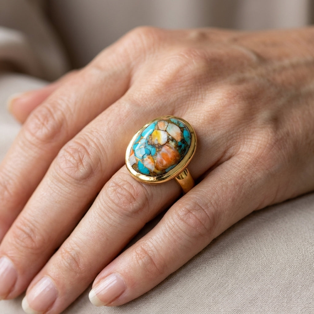 oyster copper turquoise ring gold plated ago9478 — lifestyle