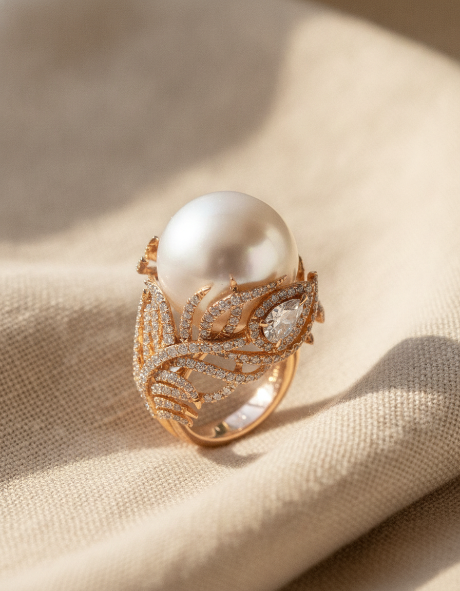 pearl ring feather empty holding pearl ring female jewelry - AI-generated studio image
