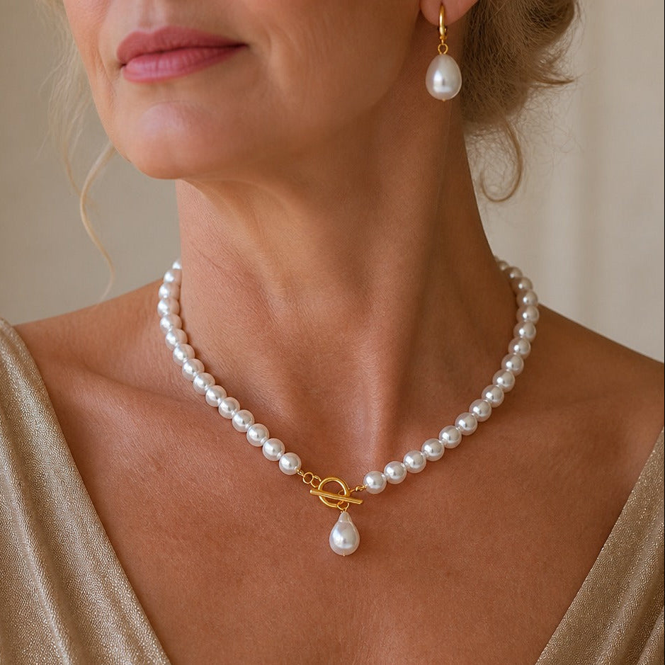 Baroque Pearl Teardrop Necklace with Matching Drop Earrings, Gold-Tone Clasp — main image