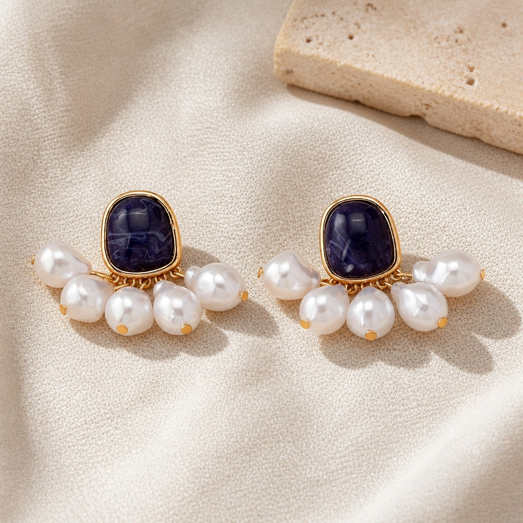Blue Cabochon Stone Drop Earrings with Pearl Cluster Accents — main image