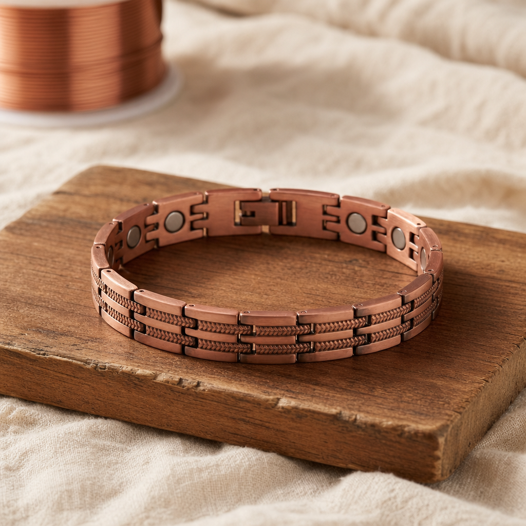 Copper Link Bracelet in Rose Gold Tone with Textured Rope Inlay — Handmade Pure Copper Design — main image