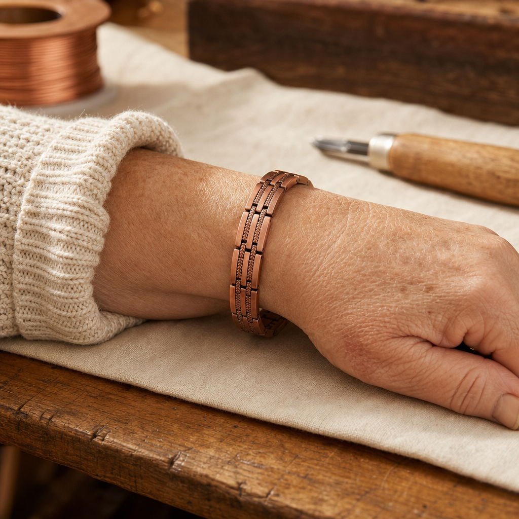 Copper Link Bracelet in Rose Gold Tone with Textured Rope Inlay — Handmade Pure Copper Design — view 2