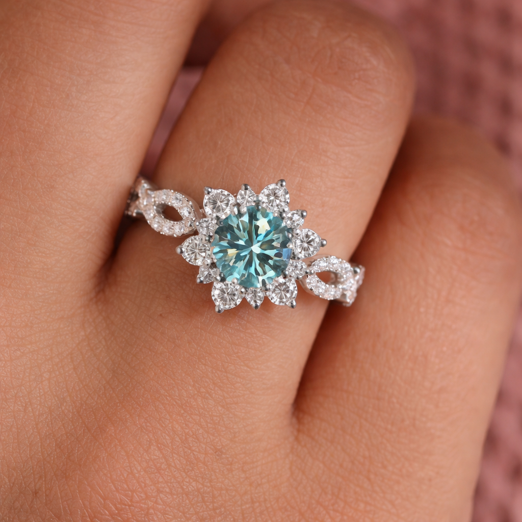 Elegant White Gold Turquoise Flower Ring