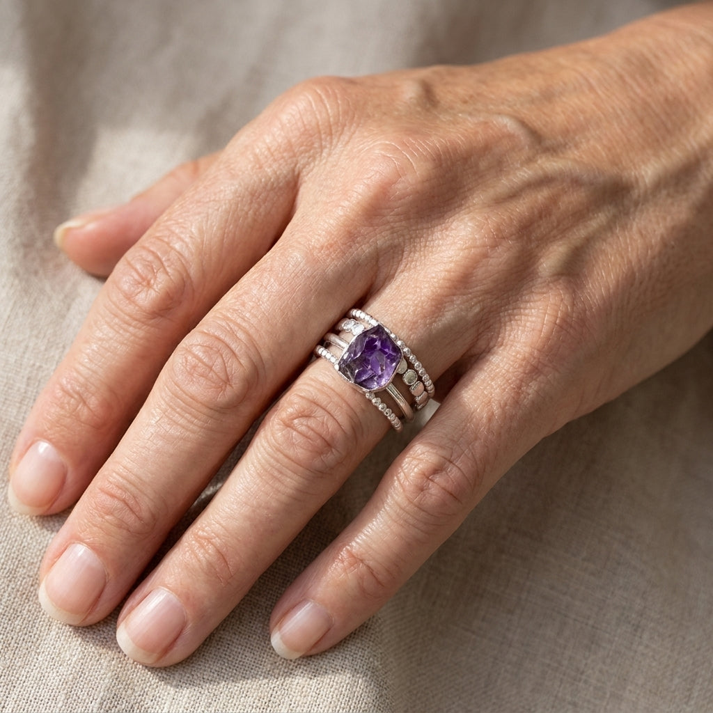raw amethyst silver stacking ring set asr9632 — lifestyle