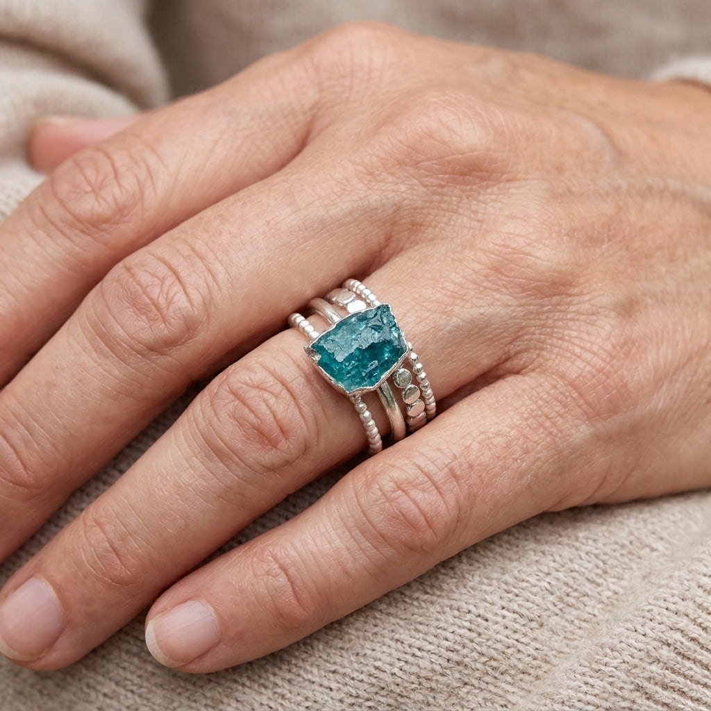 raw apatite silver stacking ring set asr9630 — lifestyle