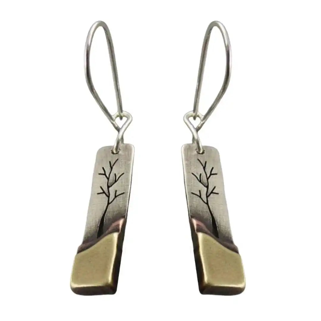Engraved Branch Drop Earrings with Silver and Brass-Tone Finish — view 3