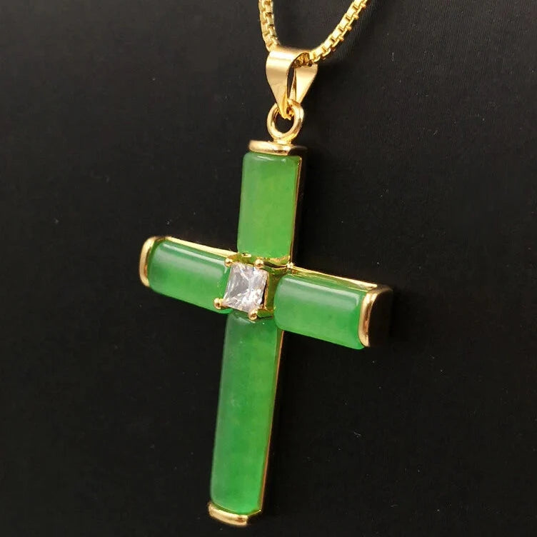 Cross Jade Pendant Necklace with Cubic Zirconia Accent in Gold or Silver Tone — main image