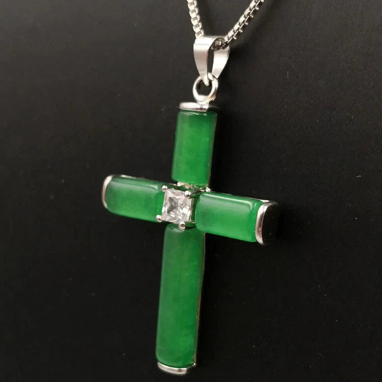 Cross Jade Pendant Necklace with Cubic Zirconia Accent in Gold or Silver Tone — view 2