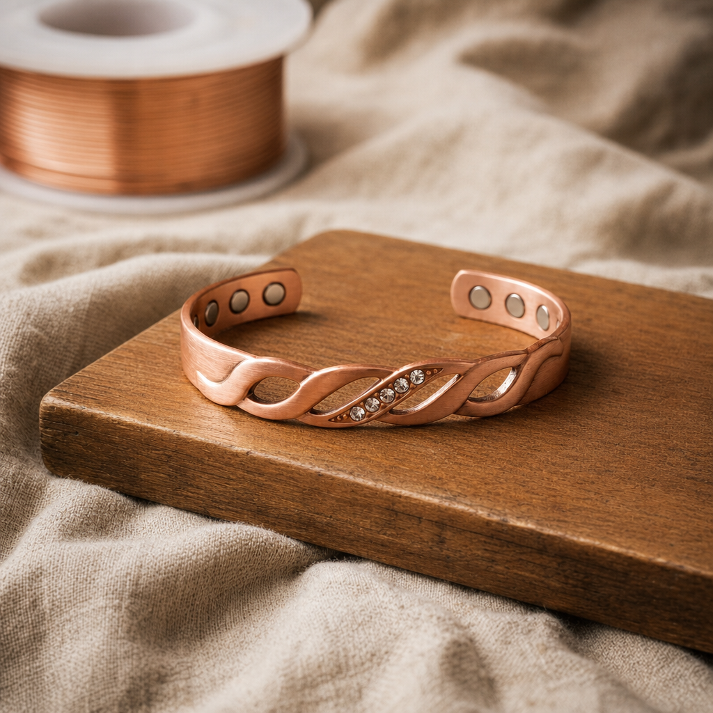 Copper Cuff Bracelet with Twisted Crystal Design, Rose Copper Finish, Adjustable Wellness Bangle — main image
