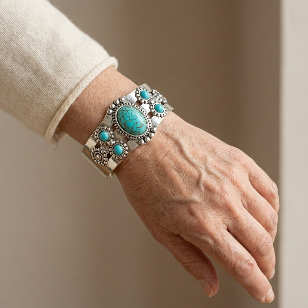 seren turquoise cuff bracelet white gold — lifestyle