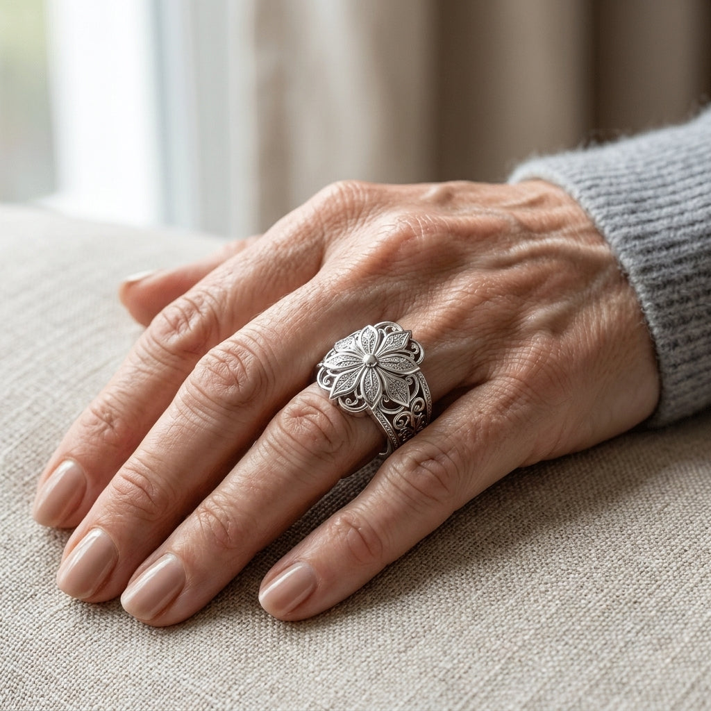 silver flower zirconia ring — lifestyle