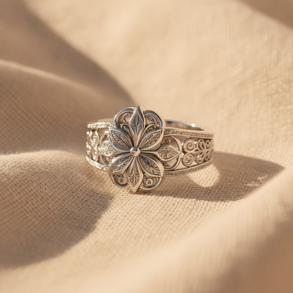 silver flower zirconia ring — studio