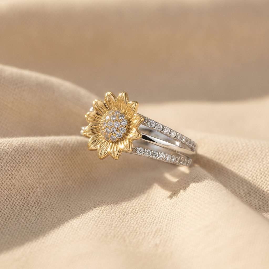 silver gold sunflower diamond ring — studio