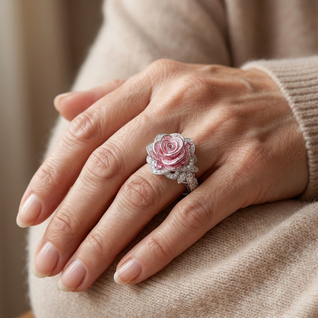 silver pink rose ring — lifestyle