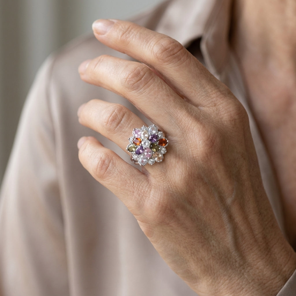 silver rainbow gemstone burst ring — lifestyle