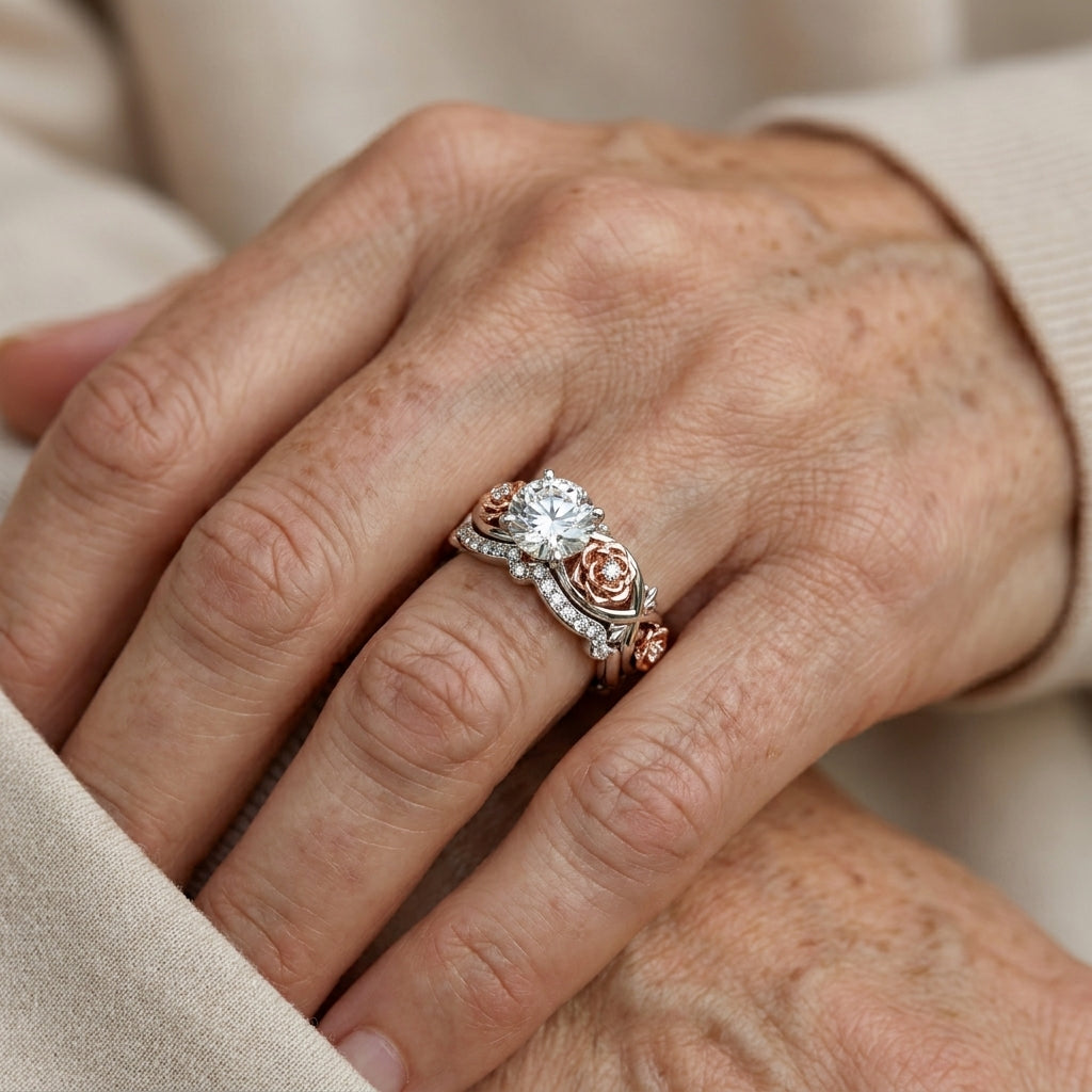 silver rose gold diamond floral ring — lifestyle