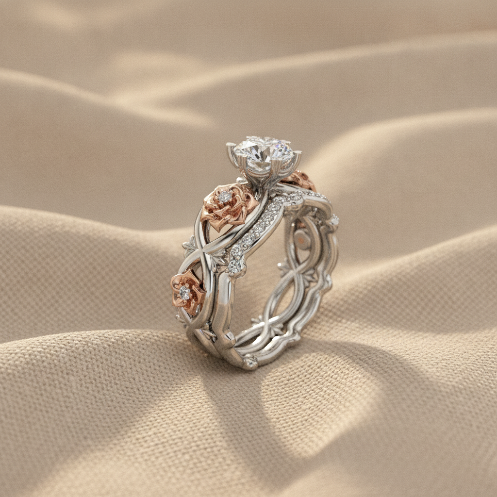 silver rose gold diamond floral ring — studio