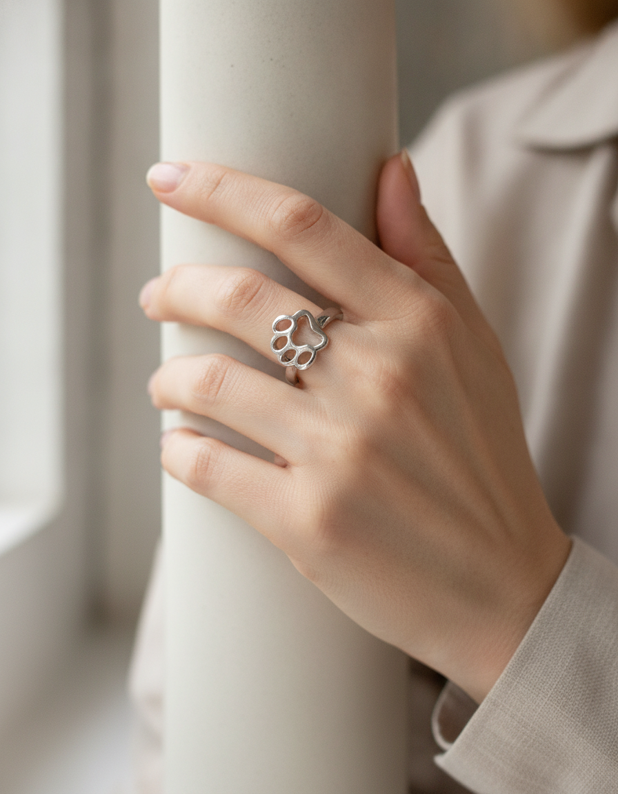 Estelle & Ruby Dog Paw Heart Ring - Adjustable Open Band Alloy Fashion Ring in Gold or Silver (AI-generated lifestyle image)